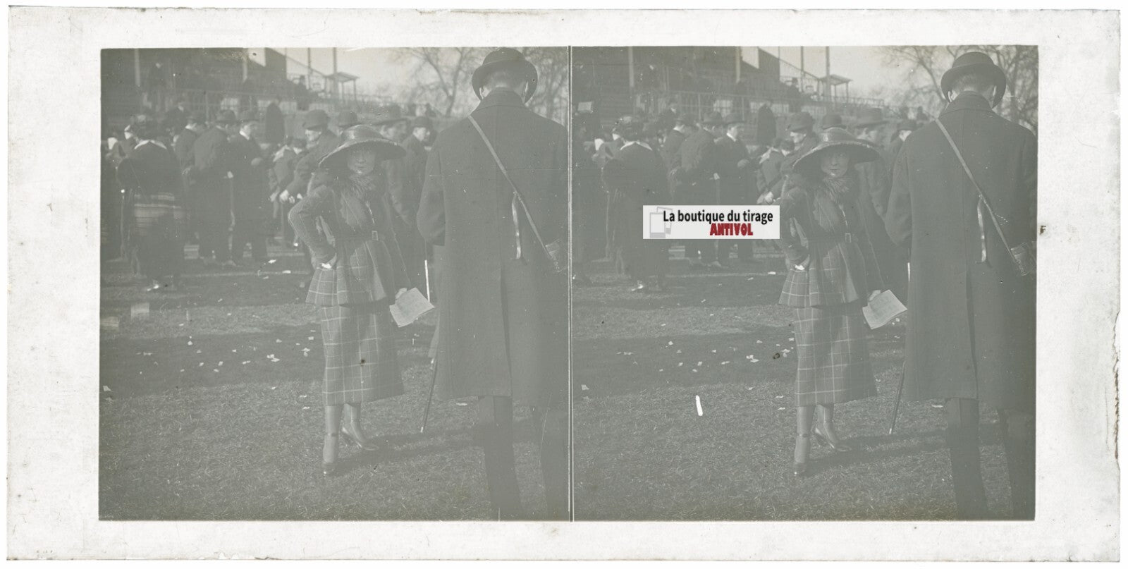 Scène de vie, Longchamp, Paris, plaque verre stéréoscopique, positif 8,5x17 cm