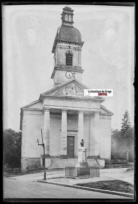 Mont-sous-Vaudrey, église, Plaque verre photo, négatif noir & blanc 10x15 cm