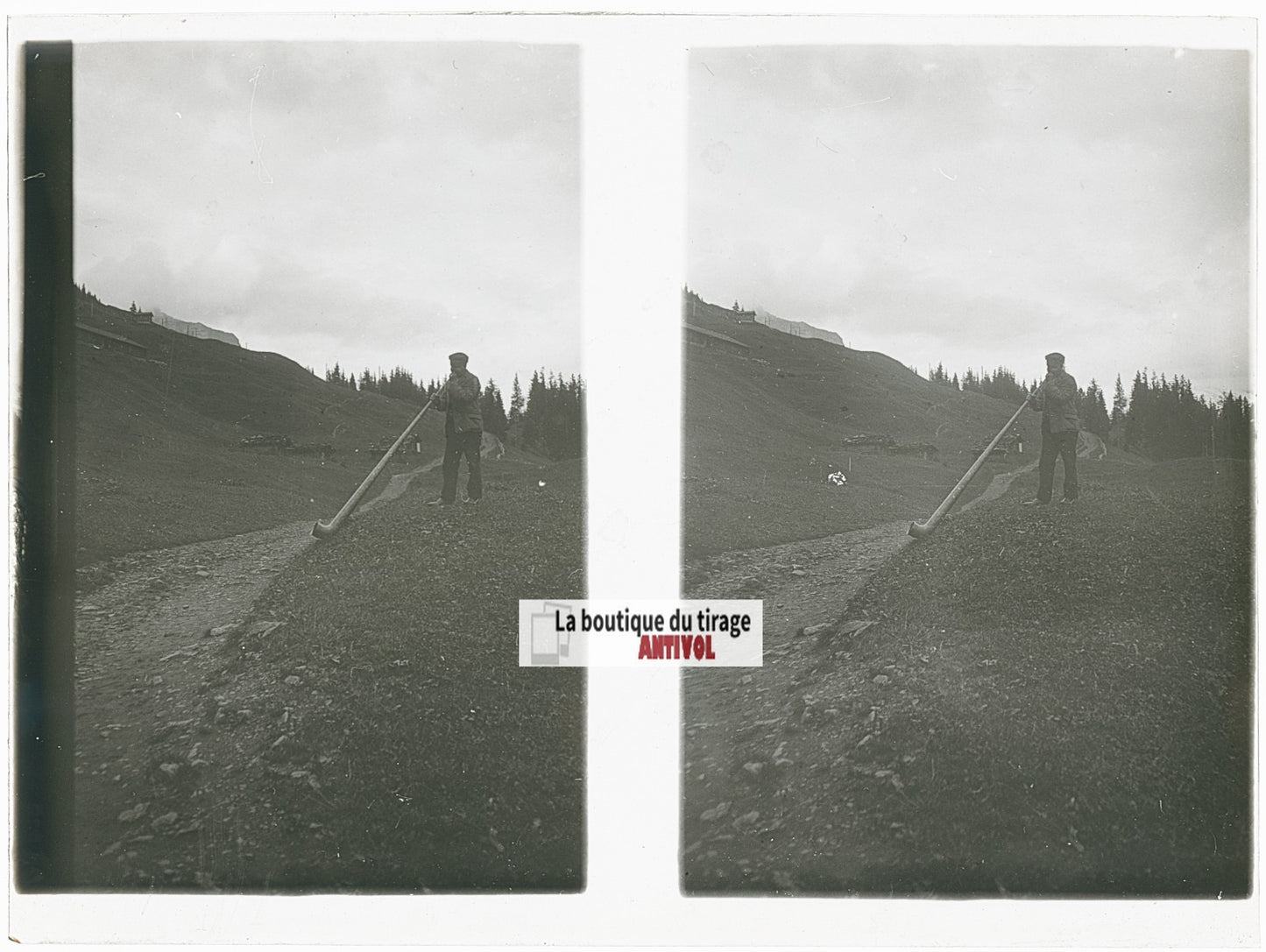 Joueur de cor, Alpes Suisse, stéréo photo plaque verre, noir & blanc, 9x12 cm