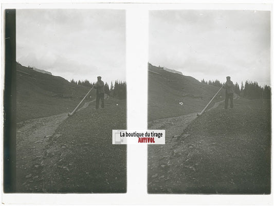 Joueur de cor, Alpes Suisse, stéréo photo plaque verre, noir & blanc, 9x12 cm
