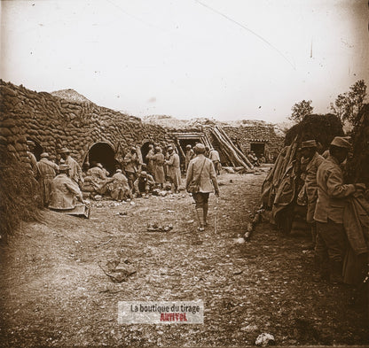 Champagne, abris d’infanterie, WW1, plaque verre photo ancienne stéréo 6x13 cm