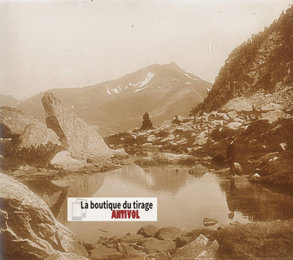 Pic Petar, Pyrénées, plaque verre, photo ancienne stéréo, sépia 6x13 cm