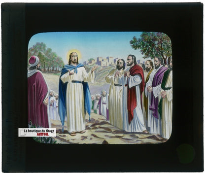 Nouveau testament, Jésus, dessin, plaque verre ancienne, couleur 8,5x10 cm