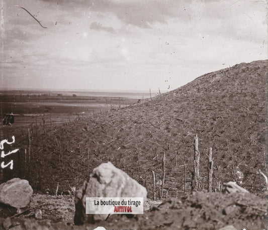 Crête Éparges et la Woëvre, guerre WW1, plaque verre stéréo, photo 4,5x10,7 cm