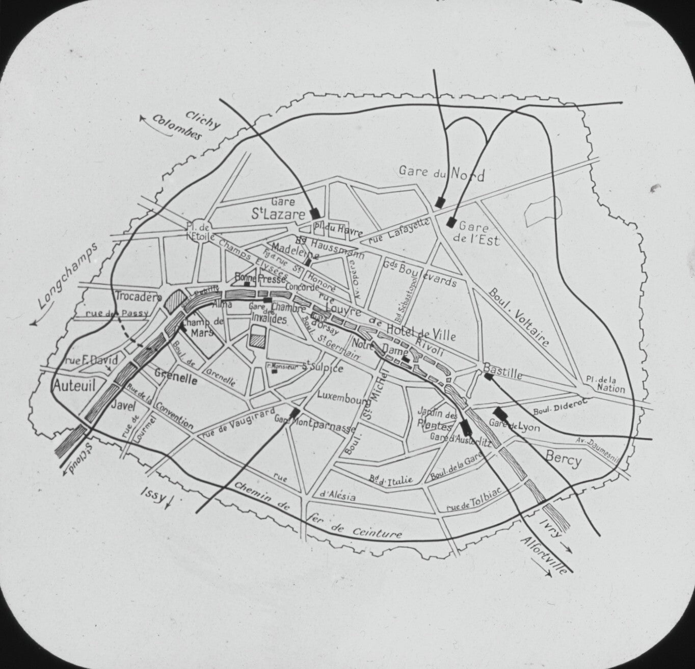 Plan quartiers inondés, inondations Paris, photo plaque verre, positif 8,5x10 cm