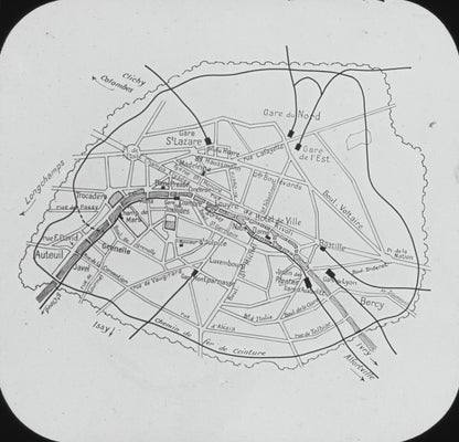 Plan quartiers inondés, inondations Paris, photo plaque verre, positif 8,5x10 cm