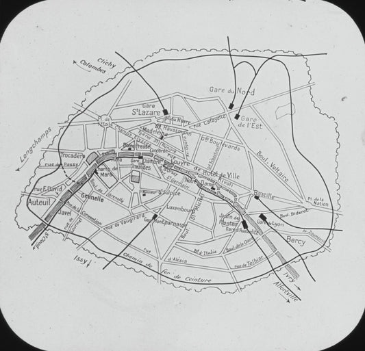 Plan quartiers inondés, inondations Paris, photo plaque verre, positif 8,5x10 cm