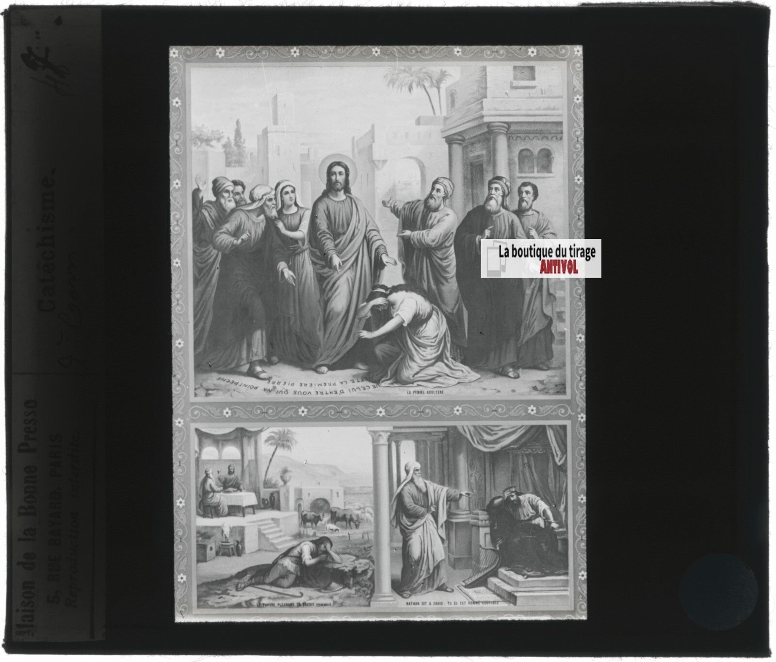 Scène religieuse, catéchisme, dessin peinture, plaque verre, positif 8,5x10 cm