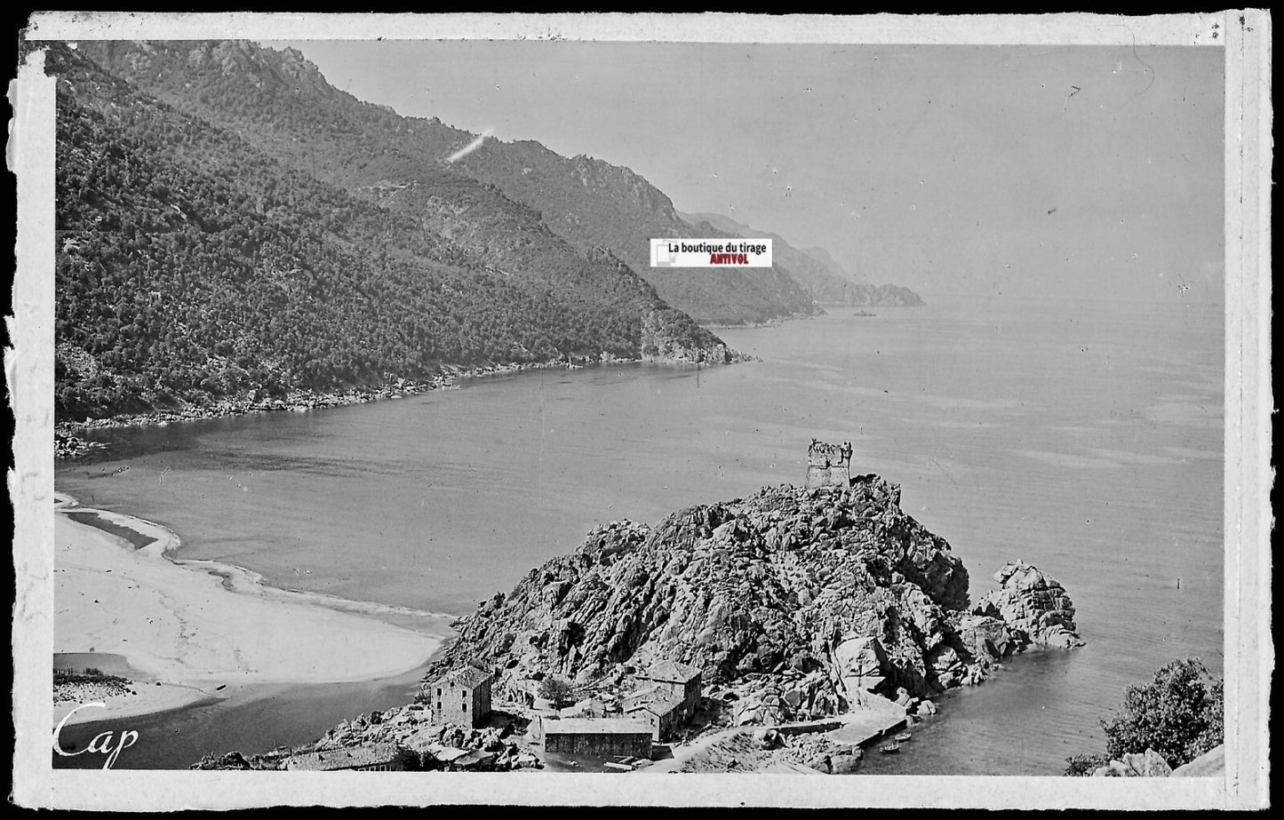 Plaque verre photo négatif noir & blanc 9x14 cm, Piana, Corse, Golfe Porto