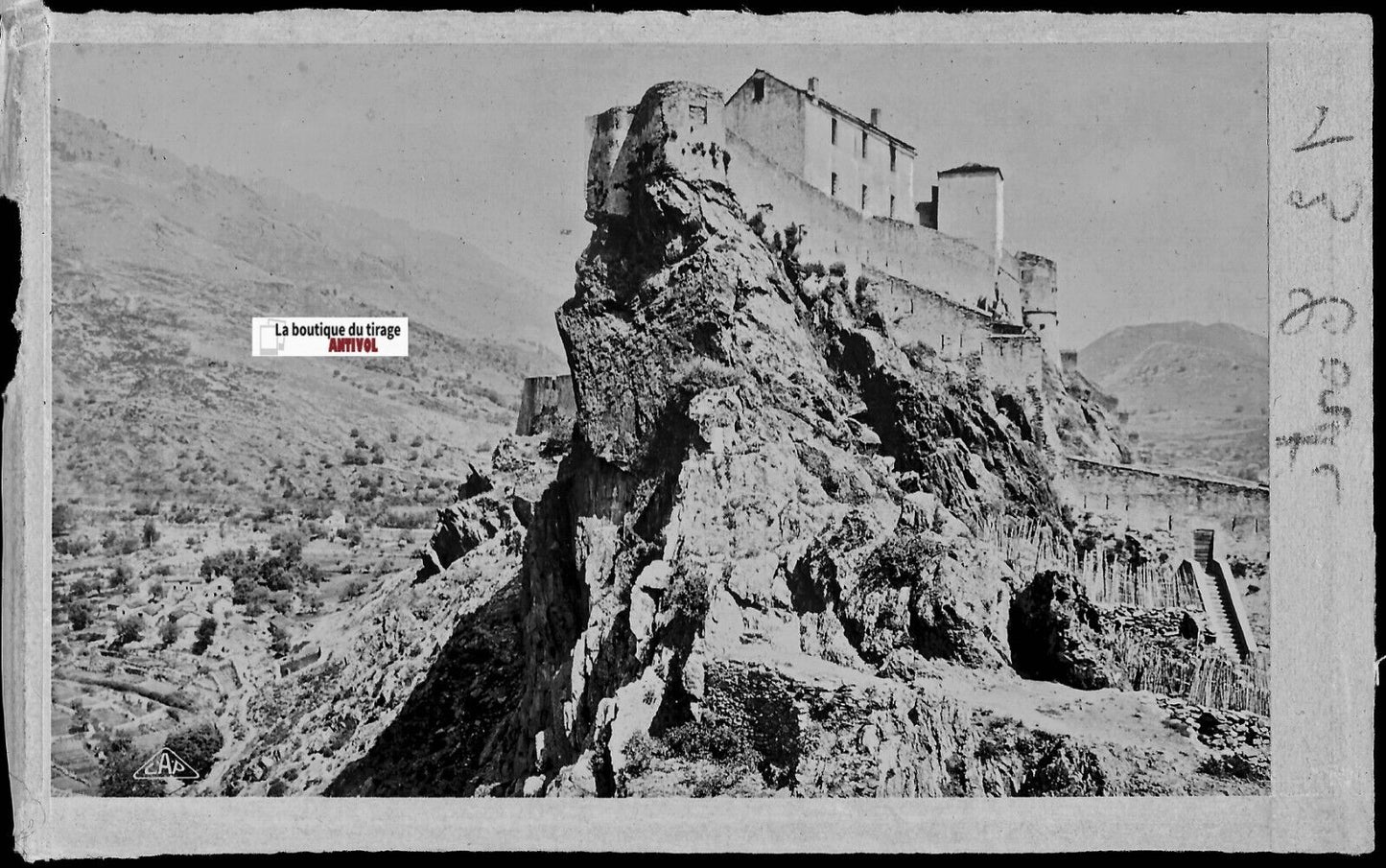 Corse, Corte, citadelle, Plaque verre photo, négatif noir & blanc 9x14 cm