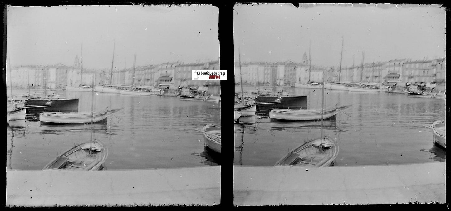 Saint-Tropez, Côte d'Azur, Plaque verre stéréo, négatif noir & blanc 6x13 cm
