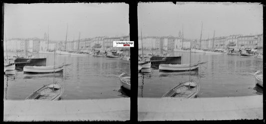 Saint-Tropez, Côte d'Azur, Plaque verre stéréo, négatif noir & blanc 6x13 cm