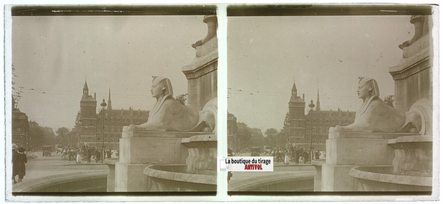 Place du Châtelet, Paris, plaque verre, photo stéréoscopie, N&B 6x13 cm