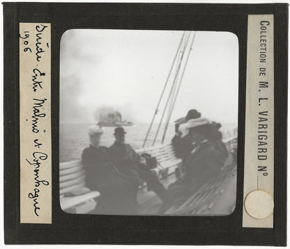 Entre Malmö et Copenhague, bateau, Suède, photo plaque verre, positif 8,5x10 cm