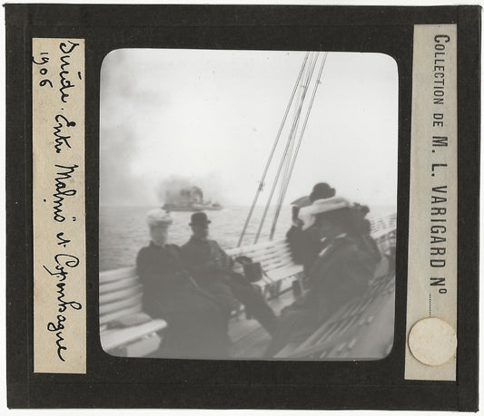 Entre Malmö et Copenhague, bateau, Suède, photo plaque verre, positif 8,5x10 cm