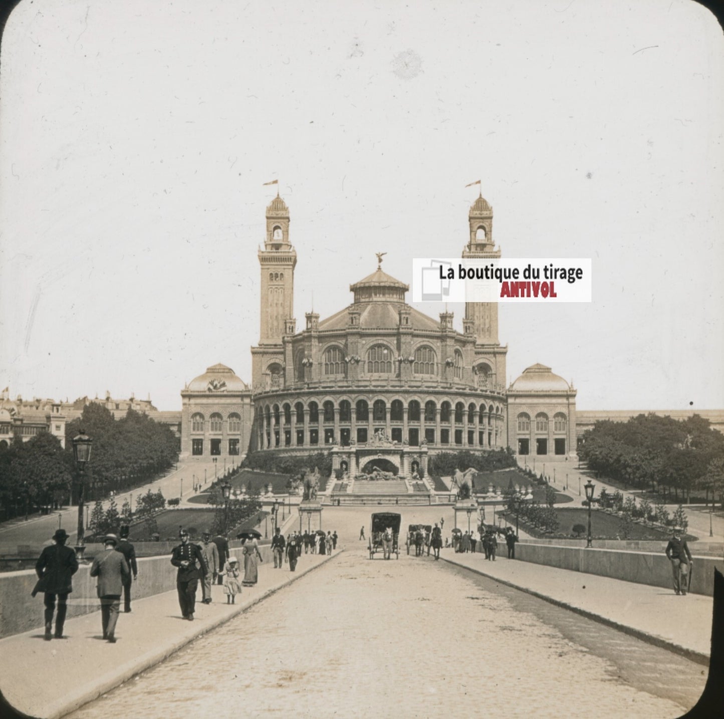 Palais du Trocadéro, Paris, photo plaque verre, sépia, positif 8,5x10 cm