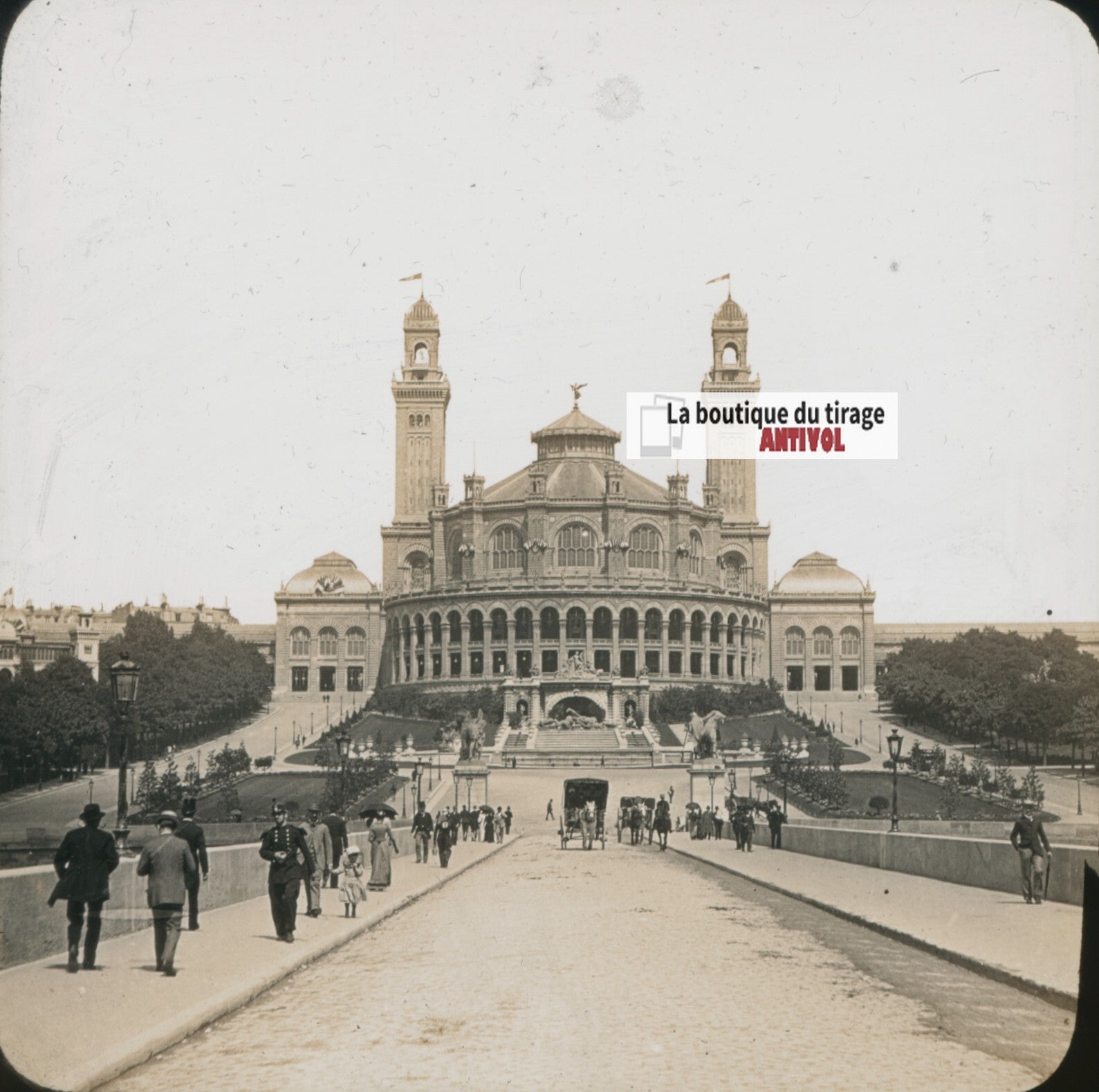 Palais du Trocadéro, Paris, photo plaque verre, sépia, positif 8,5x10 cm