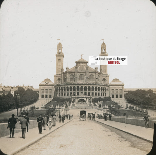 Palais du Trocadéro, Paris, photo plaque verre, sépia, positif 8,5x10 cm