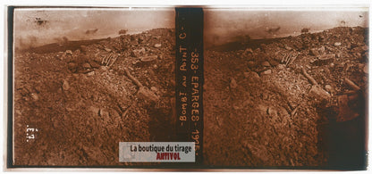 Éparges 1915, bombardement WW1, plaque verre photo ancienne stéréo 6x13 cm