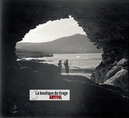 Algérie, paysage mer, plaque verre, photo stéréo, négatif N&B 6x13 cm