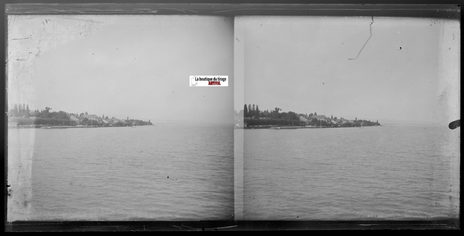 Lac, eau, Plaque verre photo ancienne, stéréo négatif noir & blanc 9x18 cm
