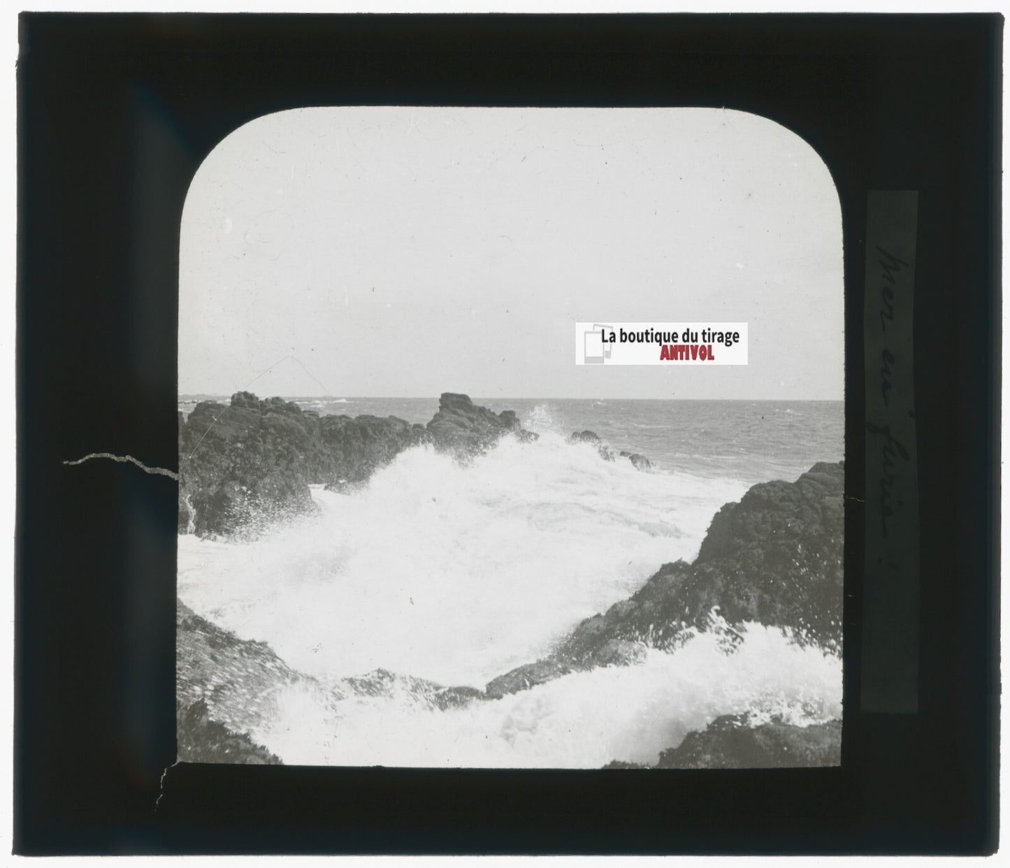 Paysage, mer, vagues, photo ancienne plaque de verre, positif 8,5x10 cm