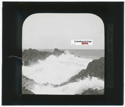 Paysage, mer, vagues, photo ancienne plaque de verre, positif 8,5x10 cm