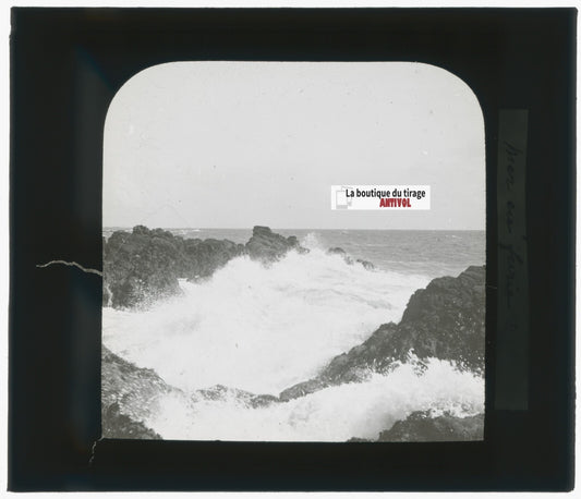 Paysage, mer, vagues, photo ancienne plaque de verre, positif 8,5x10 cm