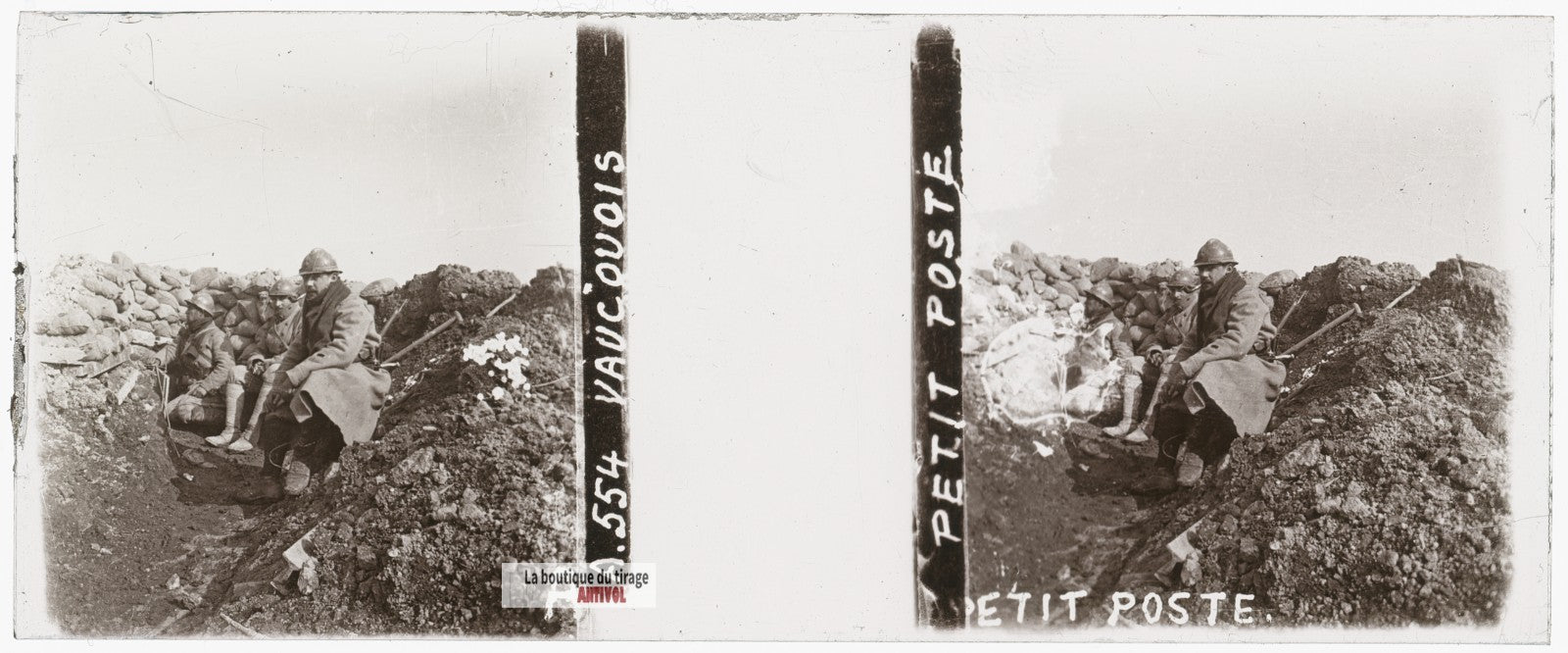 Petit poste Vauquois Argonne, guerre WW1, plaque verre stéréo, photo 4,5x10,7 cm