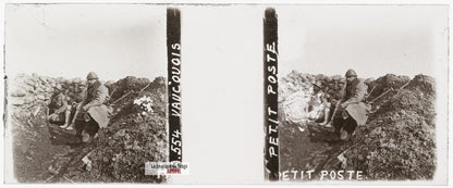 Petit poste Vauquois Argonne, guerre WW1, plaque verre stéréo, photo 4,5x10,7 cm