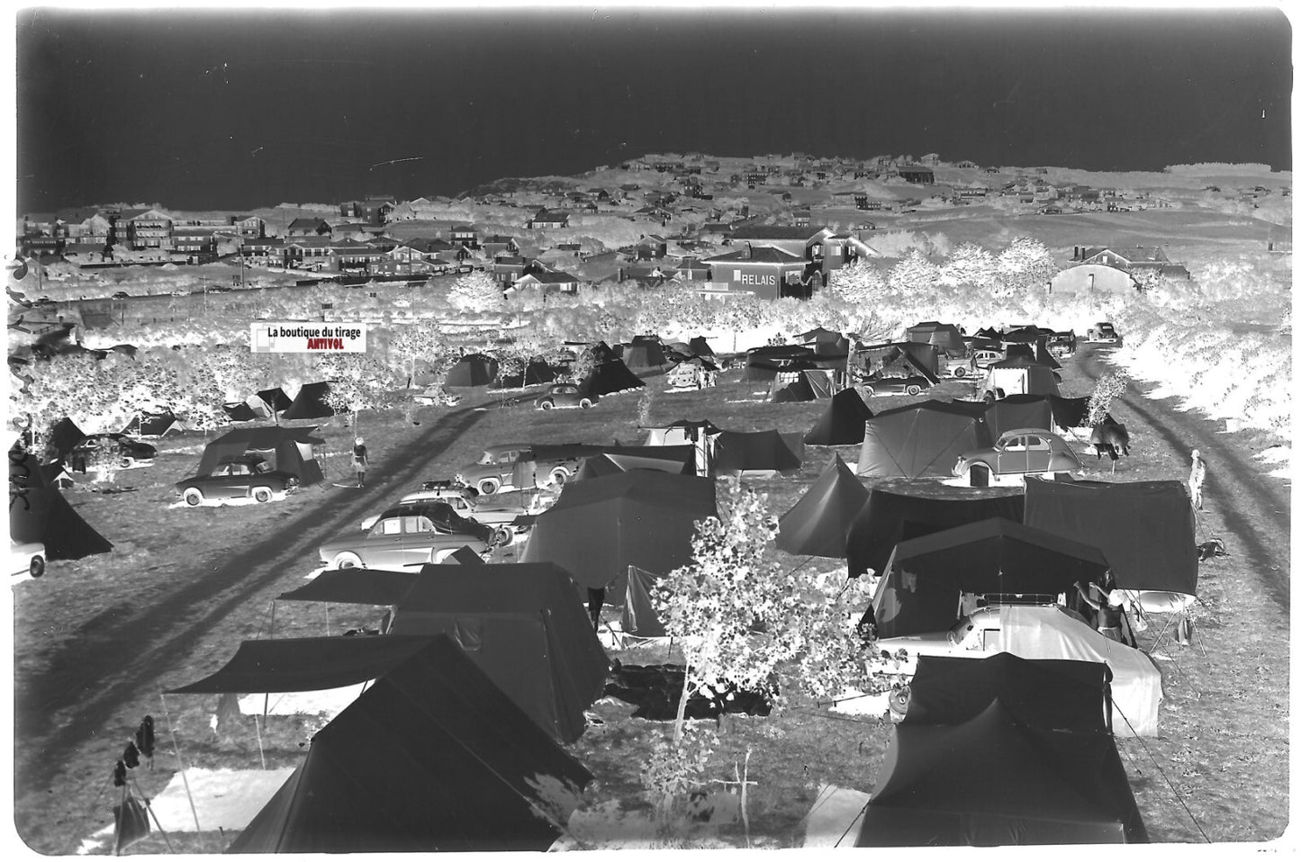 Bidart camping, Plaque verre photo ancienne, négatif noir & blanc 10x15 cm