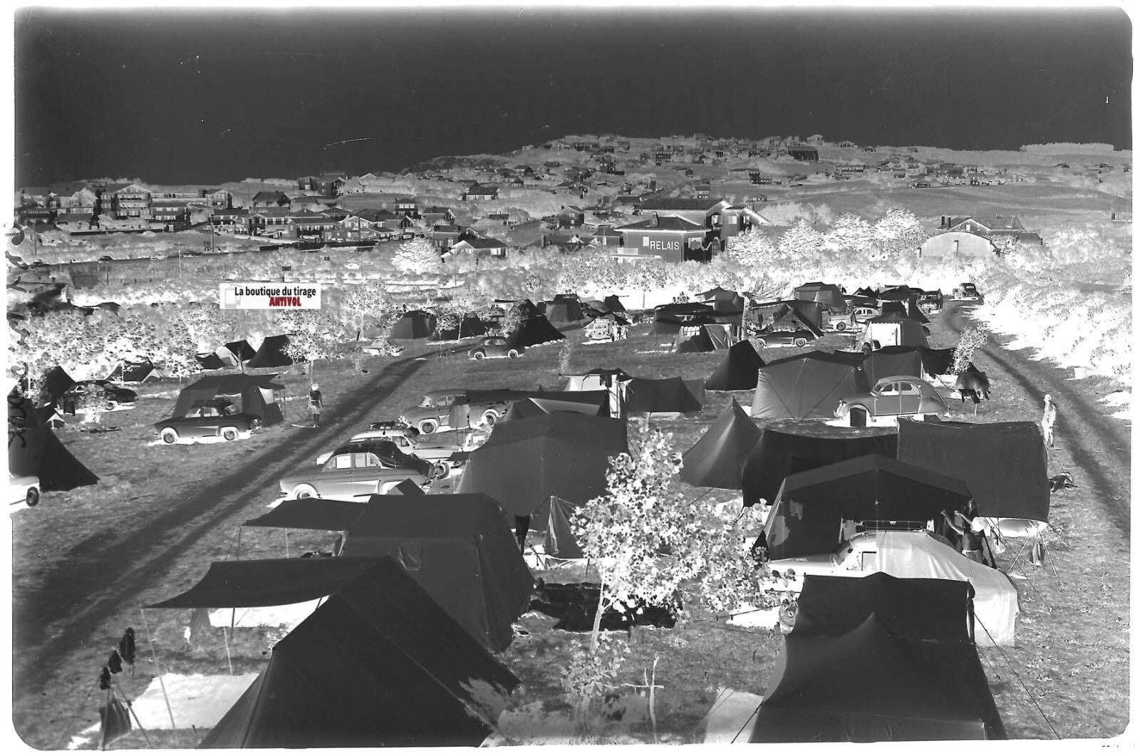 Bidart camping, Plaque verre photo ancienne, négatif noir & blanc 10x15 cm