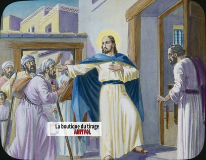 Nouveau testament, illustration, plaque verre ancienne, couleur 8,5x10 cm