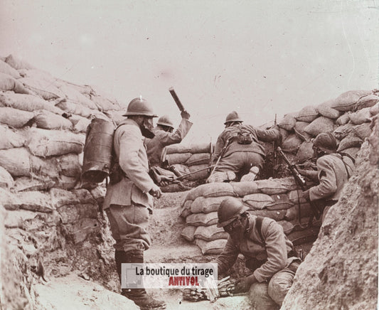 Alerte aux gaz, tranchée guerre WW1, plaque verre stéréo, photo 4,5x10,7 cm