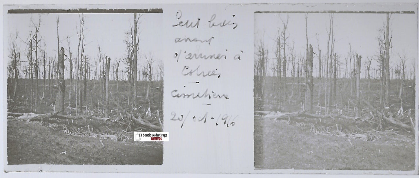 Assevillers Estrées, Plaque verre stéréo positif ancien noir & blanc 4,5x10,7 cm