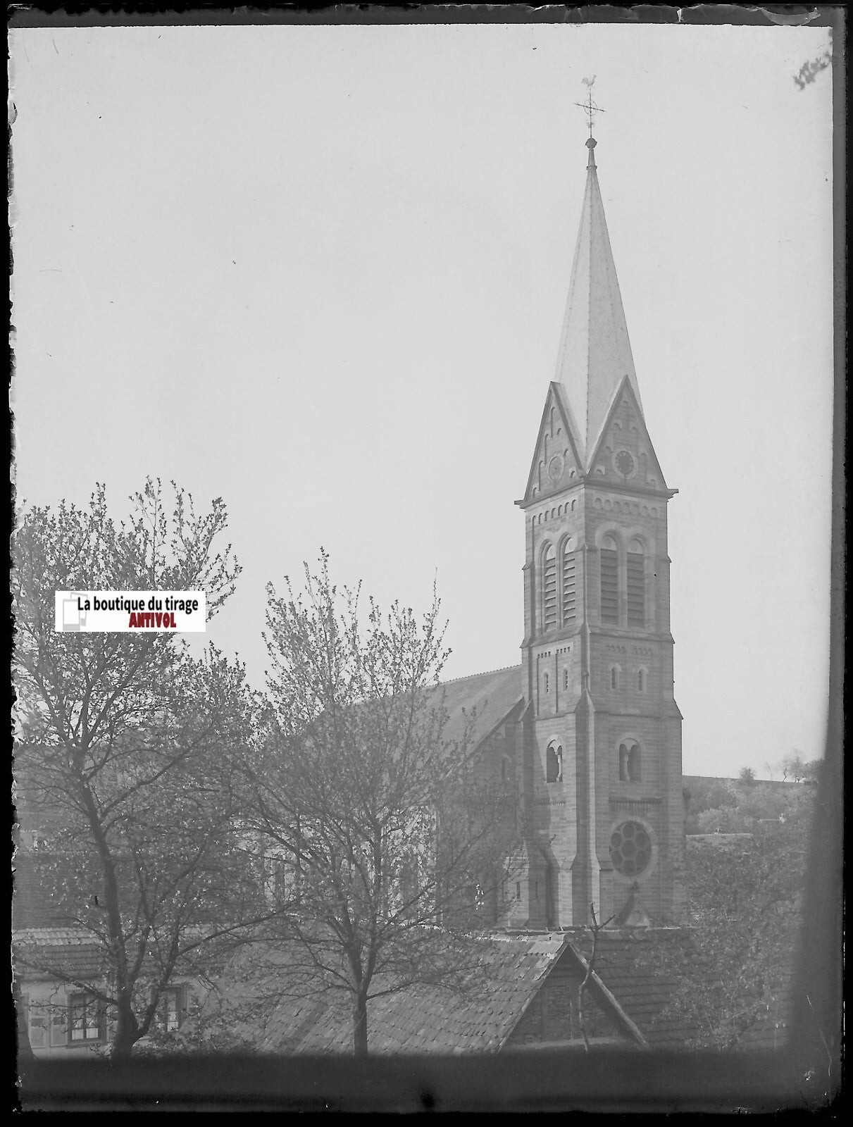 Ettendorf église Alsace, Plaque verre photo, négatif ancien noir & blanc 9x12 cm