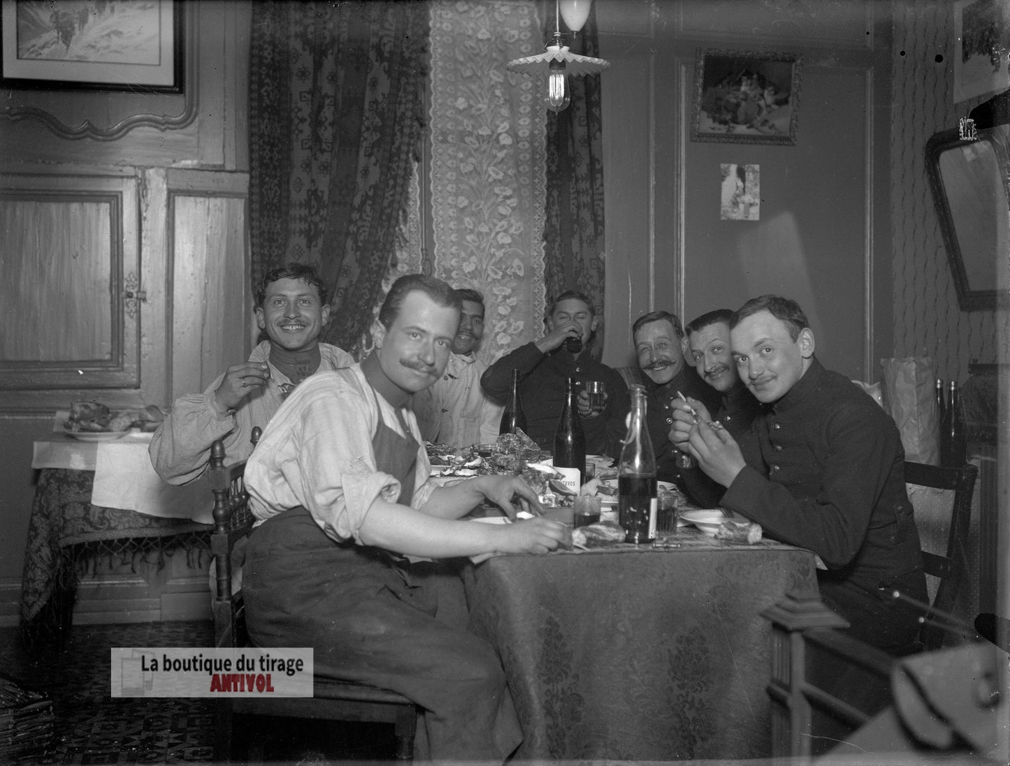 Repas de soldats, militaires, plaque verre, photo ancienne, négatif 9x12 cm
