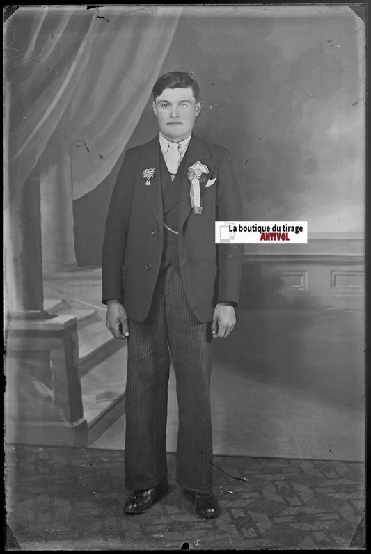 Homme personnage, Plaque verre photo ancienne, négatif noir & blanc 10x15 cm