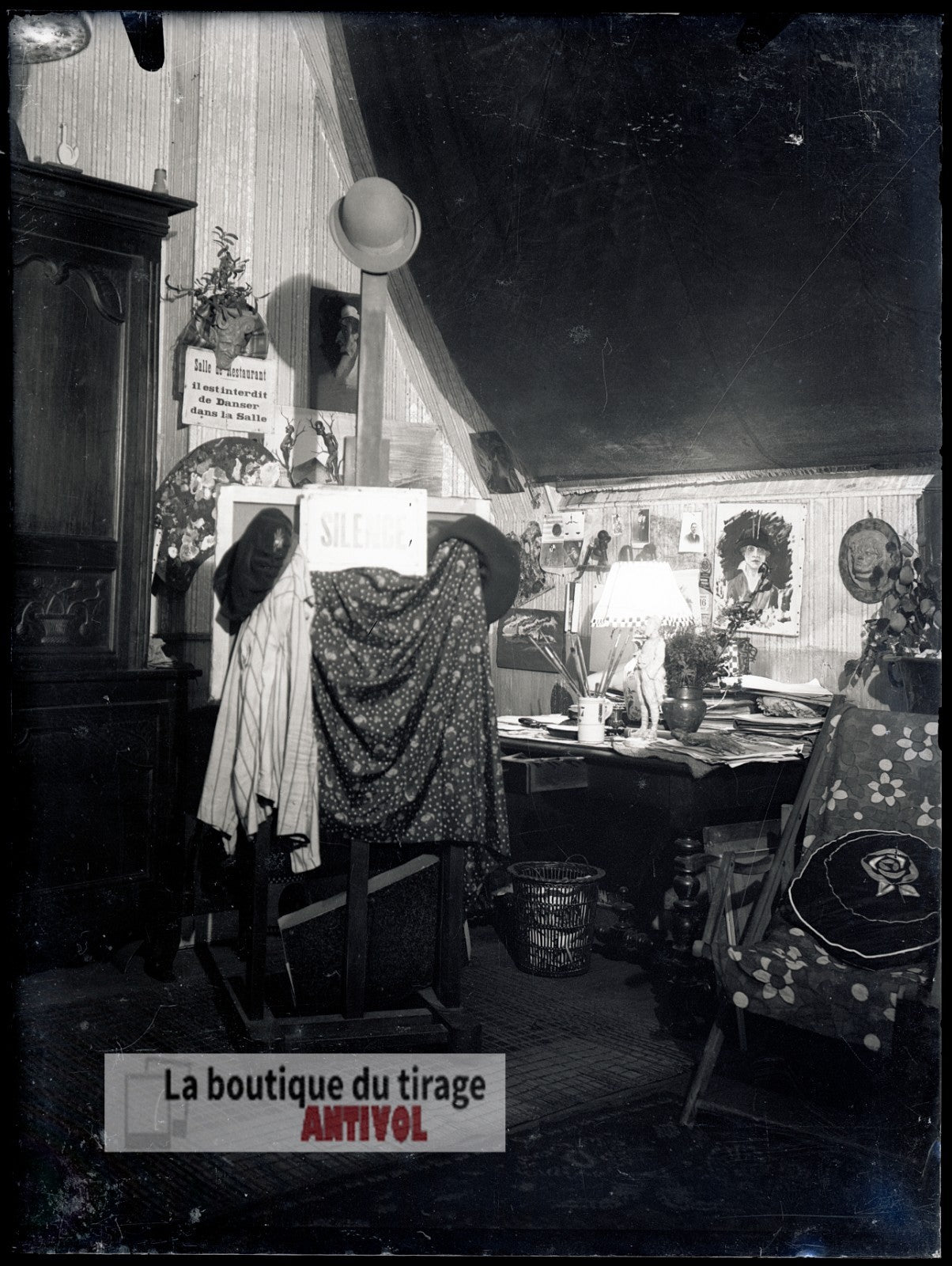 Salle d’écriture ou d’artiste, plaque verre, photo ancienne, négatif 9x12 cm