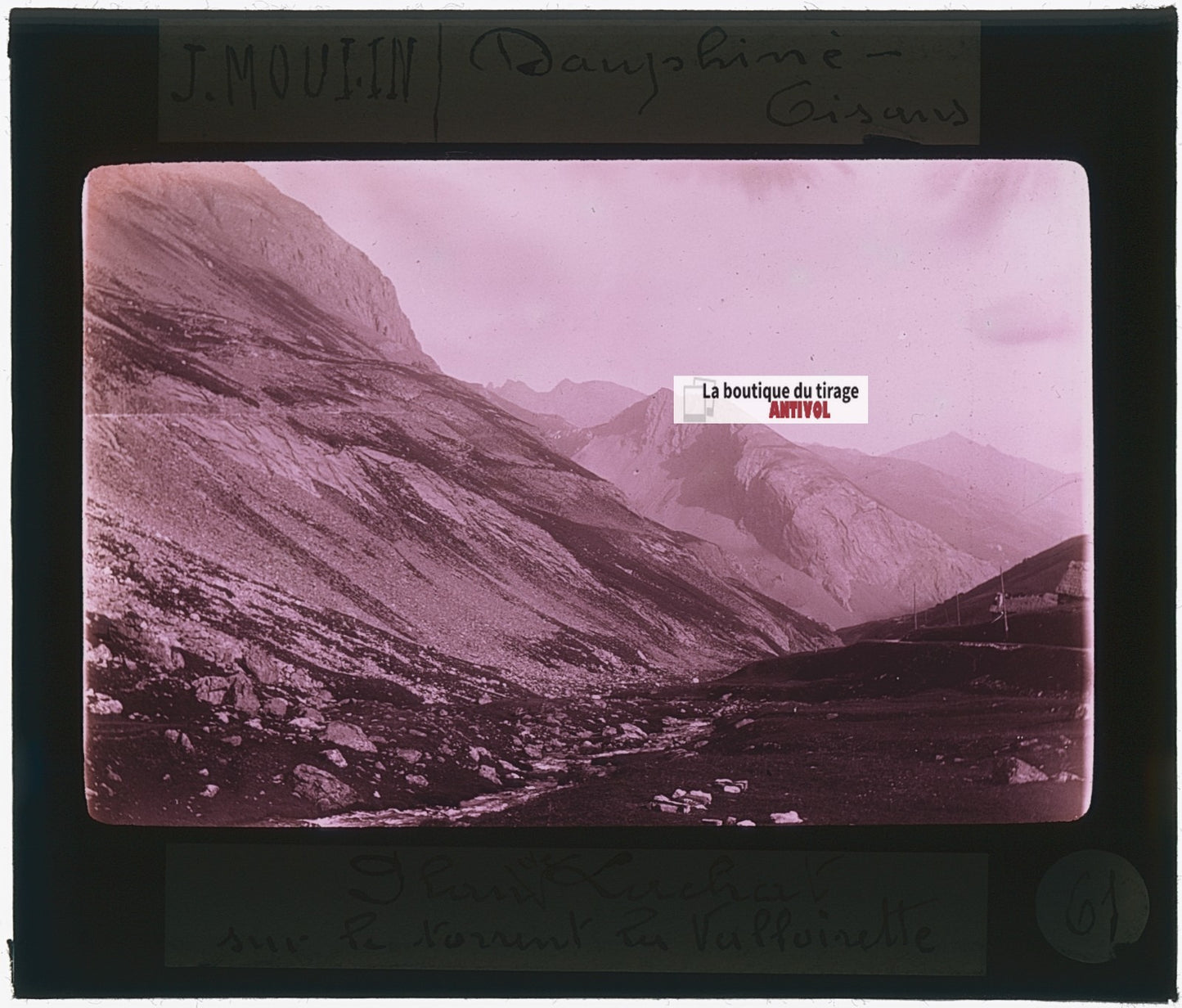 Plan Lachat, Valloire, photo J. Moulin, plaque verre couleur, positif 8,5x10 cm