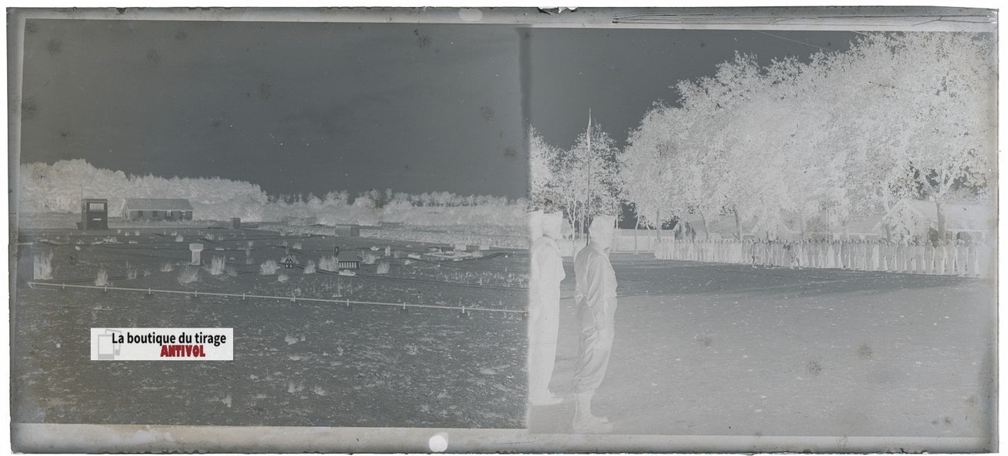 Camp du Ruchard, soldats, plaque verre, photo ancienne, négatif N&B 6x13 cm