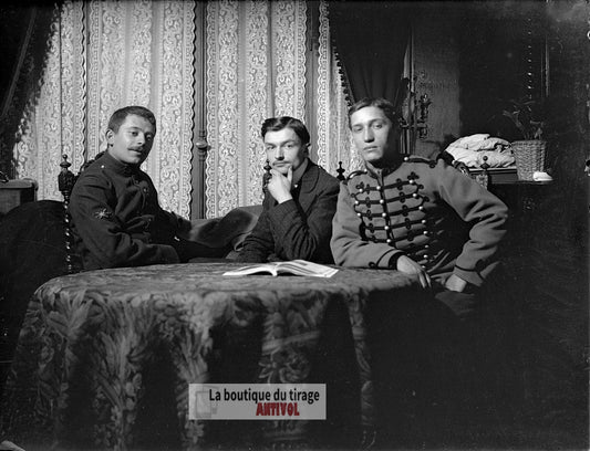 Jeunes militaires, Paris 1910, plaque de verre, photo ancienne, négatif 9x12 cm
