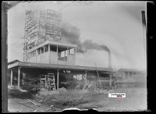 Usine, industrie, Plaque verre photo ancienne, négatif noir & blanc 6x9 cm