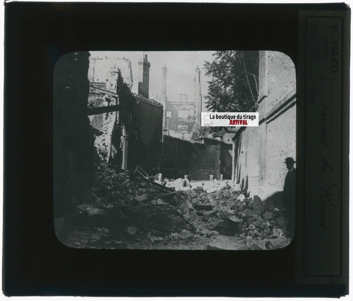 Reims, guerre bombardement, photo plaque verre, noir & blanc, positif 8,5x10 cm