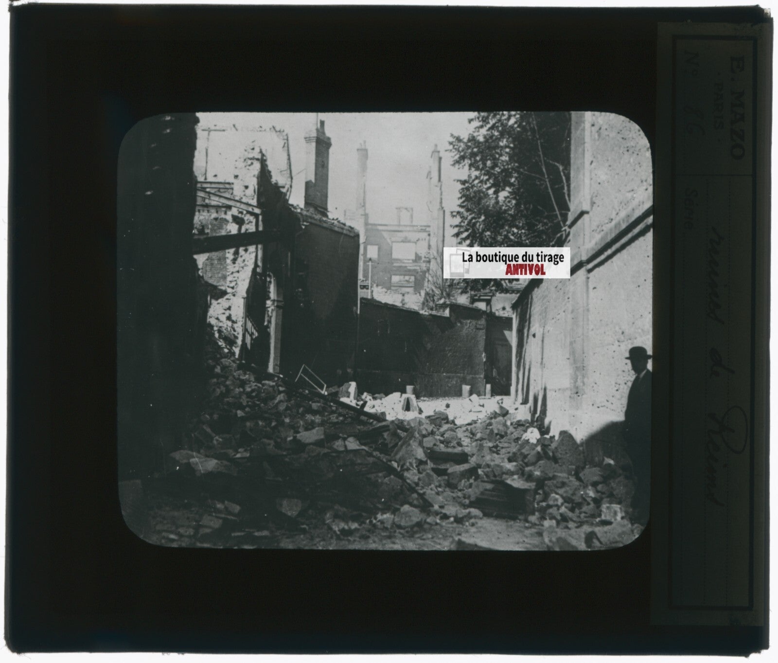 Reims, guerre bombardement, photo plaque verre, noir & blanc, positif 8,5x10 cm