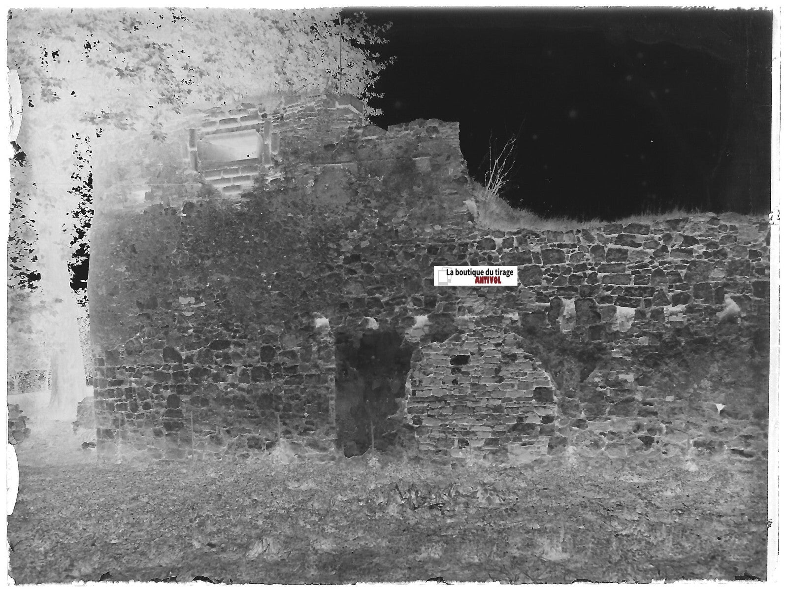 Ruine, tour, guerre, Plaque verre photo, négatif ancien noir & blanc 9x12 cm