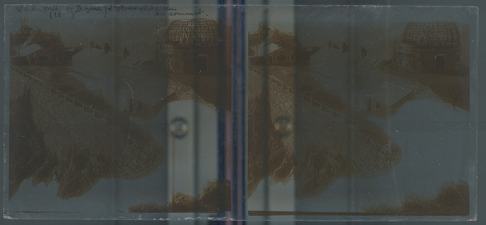 Pic du Midi de Bigorre, plaque verre photo stéréo, sépia 6x13 cm