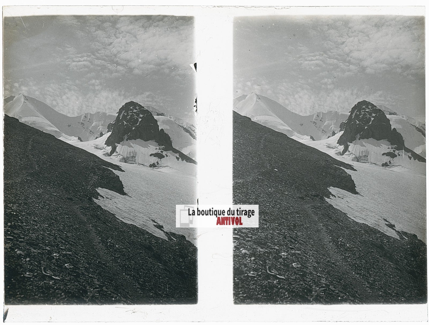 Col enneigé, Alpes Suisse, stéréo photo plaque verre, noir & blanc, 9x12 cm