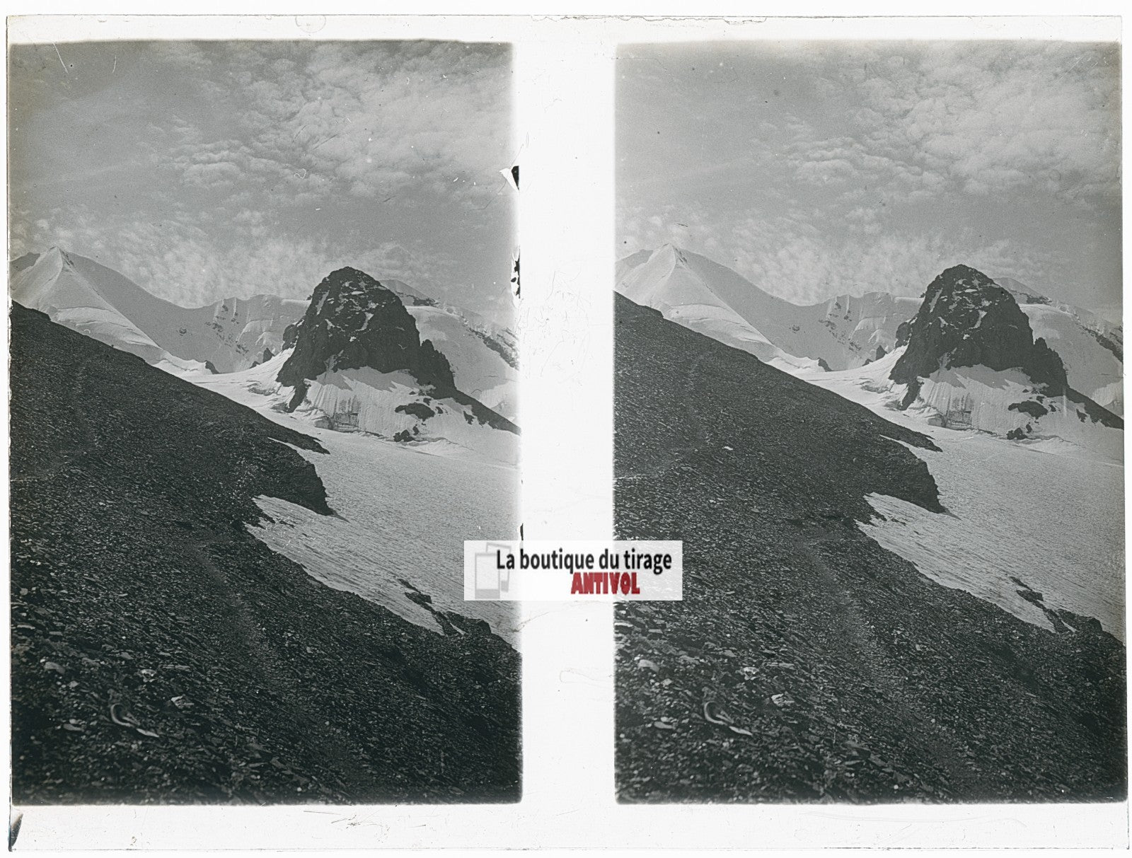 Col enneigé, Alpes Suisse, stéréo photo plaque verre, noir & blanc, 9x12 cm