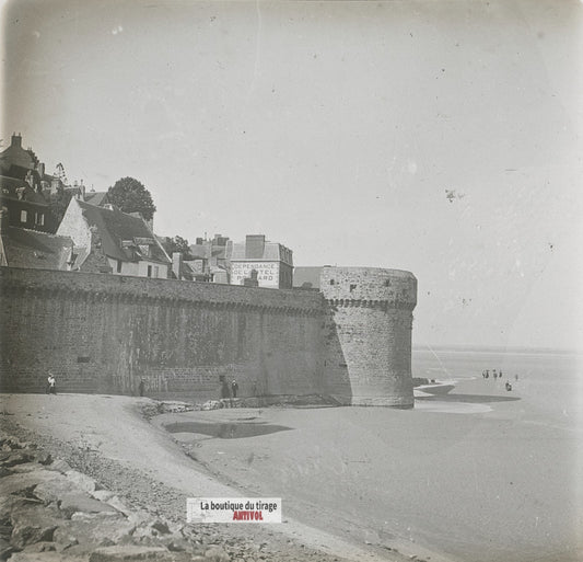 Mont-Saint-Michel, marée basse, plaque verre stéréo, photo ancienne 4,5x10,7 cm